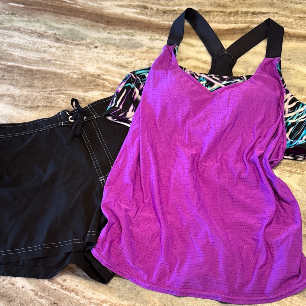 Purple Tankini Swim Top with Black Swim Shorts